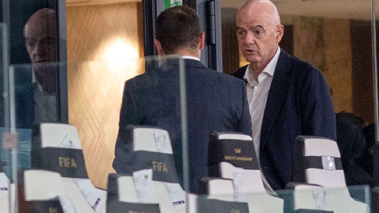 FIFA president Gianni Infantino attends a Women's AFCON 2026 soccer match between Malawi and Zambia, in Rabat, Morocco, Wednesday, Aug. 5, 2026.