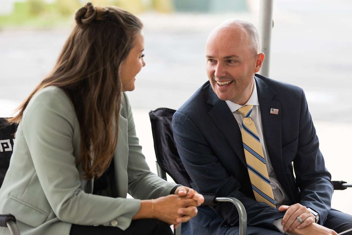 Salt Lake City Mayor Erin Mendenhall and Gov. Spencer Cox at the unveiling of Salt Lake City’s newest public art piece in the Northwest Quadrant of Salt Lake City on Aug. 3, 2023. Both criticized their individual parties for polarization pushing it to the fringes.