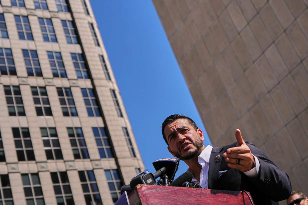 Abdul El-Sayed speaks during a news conference at the Spirit of Detroit shortly after winning the Democratic nomination for U.S. Senate in Michigan, Wednesday, in Detroit. El-Sayed's victory is the latest in a string of democratic socialist victories in primary elections.