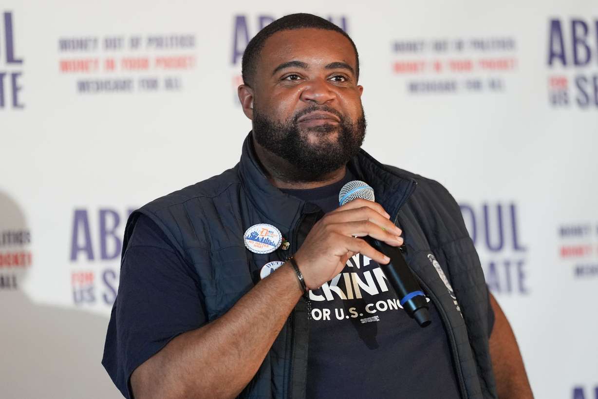 Michigan state Rep. Donavan McKinney, Democratic candidate for the House of Representatives in Michigan's 13th District, speaks at a campaign rally for Abdul El-Sayed, a progressive candidate in the Democratic primary for Senate in Michigan, Monday, in Detroit. Both McKinney and El-Sayed won their respective primary elections.
