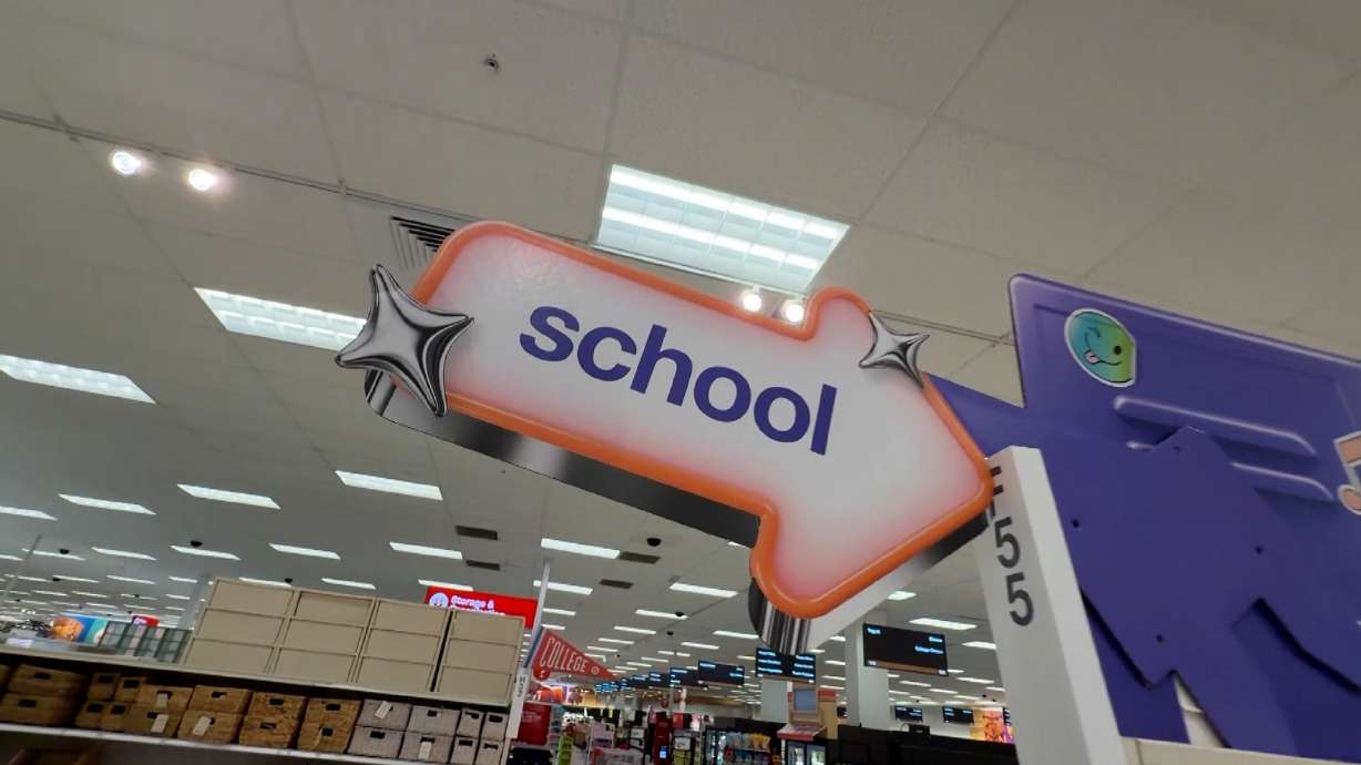 Back-to-school merchandise fills the seasonal section of a store as Utah families prepare for the first day of class.