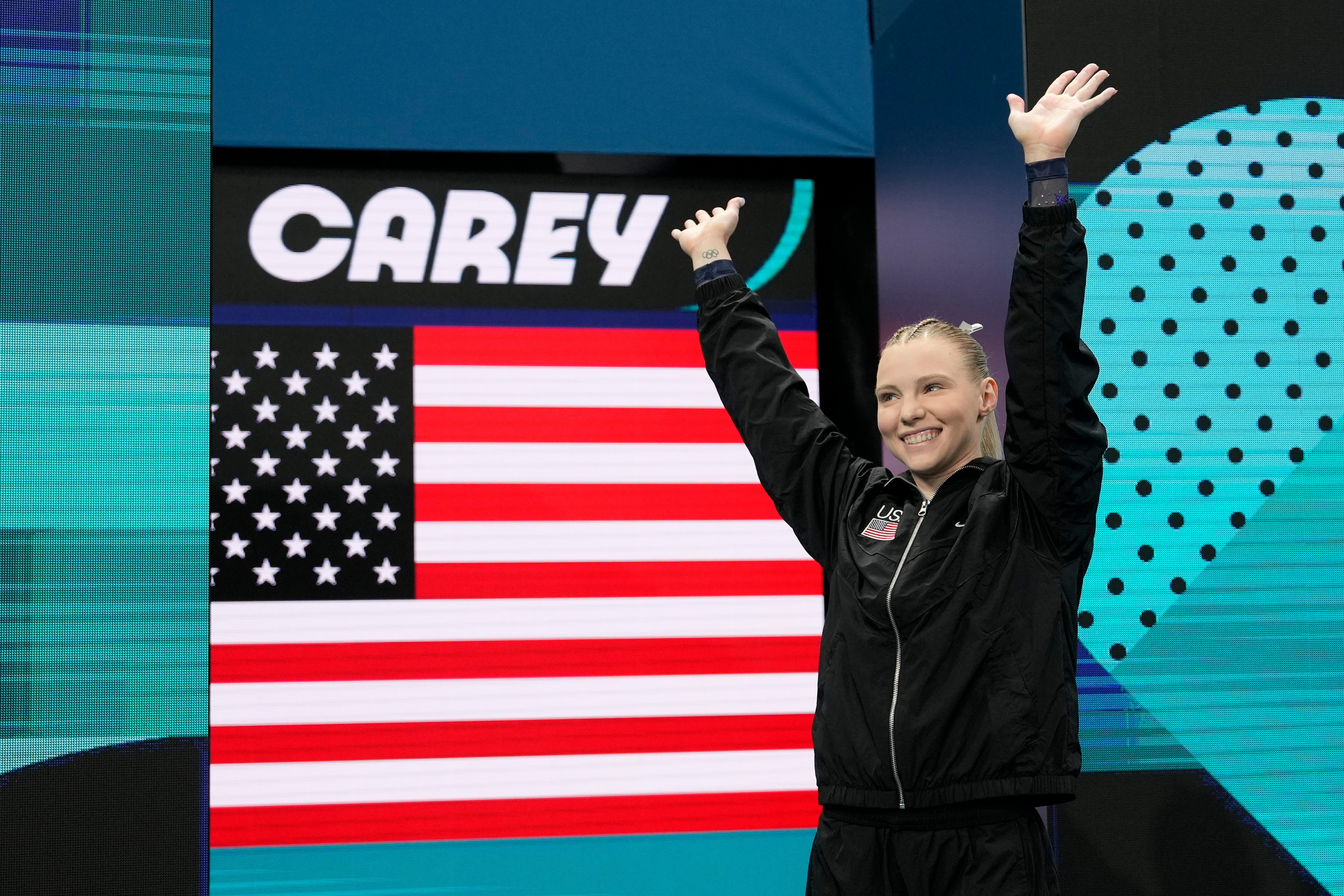 FILE - Jade Carey, of the United States, is introduced during the women's artistic gymnastics individual vault finals at Bercy Arena at the 2024 Summer Olympics, Aug. 3, 2024, in Paris. 