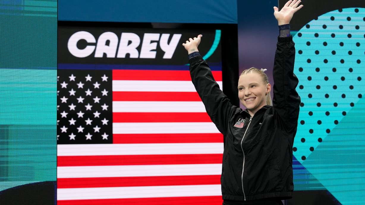 FILE - Jade Carey, of the United States, is introduced during the women's artistic gymnastics individual vault finals at Bercy Arena at the 2024 Summer Olympics, Aug. 3, 2024, in Paris.