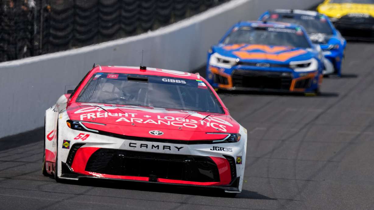 Ty Gibbs (54) heads into the first turn during a NASCAR Cup Series auto race at Indianapolis Motor Speedway in Indianapolis, Sunday, July 26, 2026.