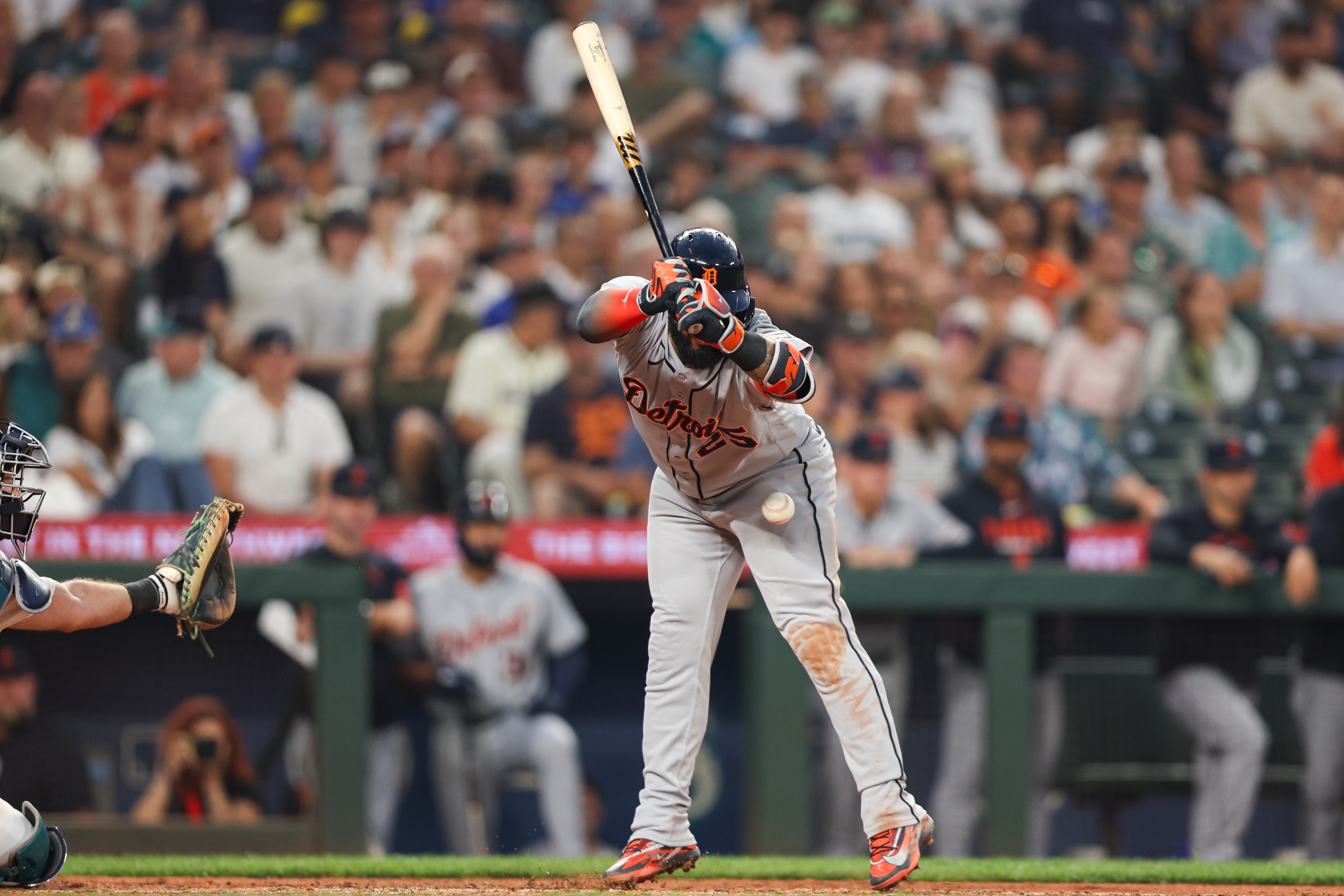 Detroit Tigers' Gleyber Torres is hit by a pitch in the eighth inning of a baseball game against the Seattle Mariners, Wednesday, Aug. 5, 2026, in Seattle. 