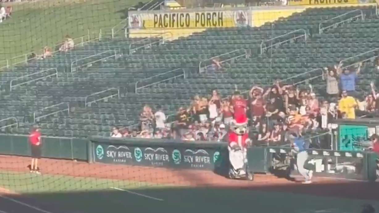 Dinger, the Sacramento River Cats mascot, ran over an unsuspecting rival outfielder in a surreal moment at the ballpark.