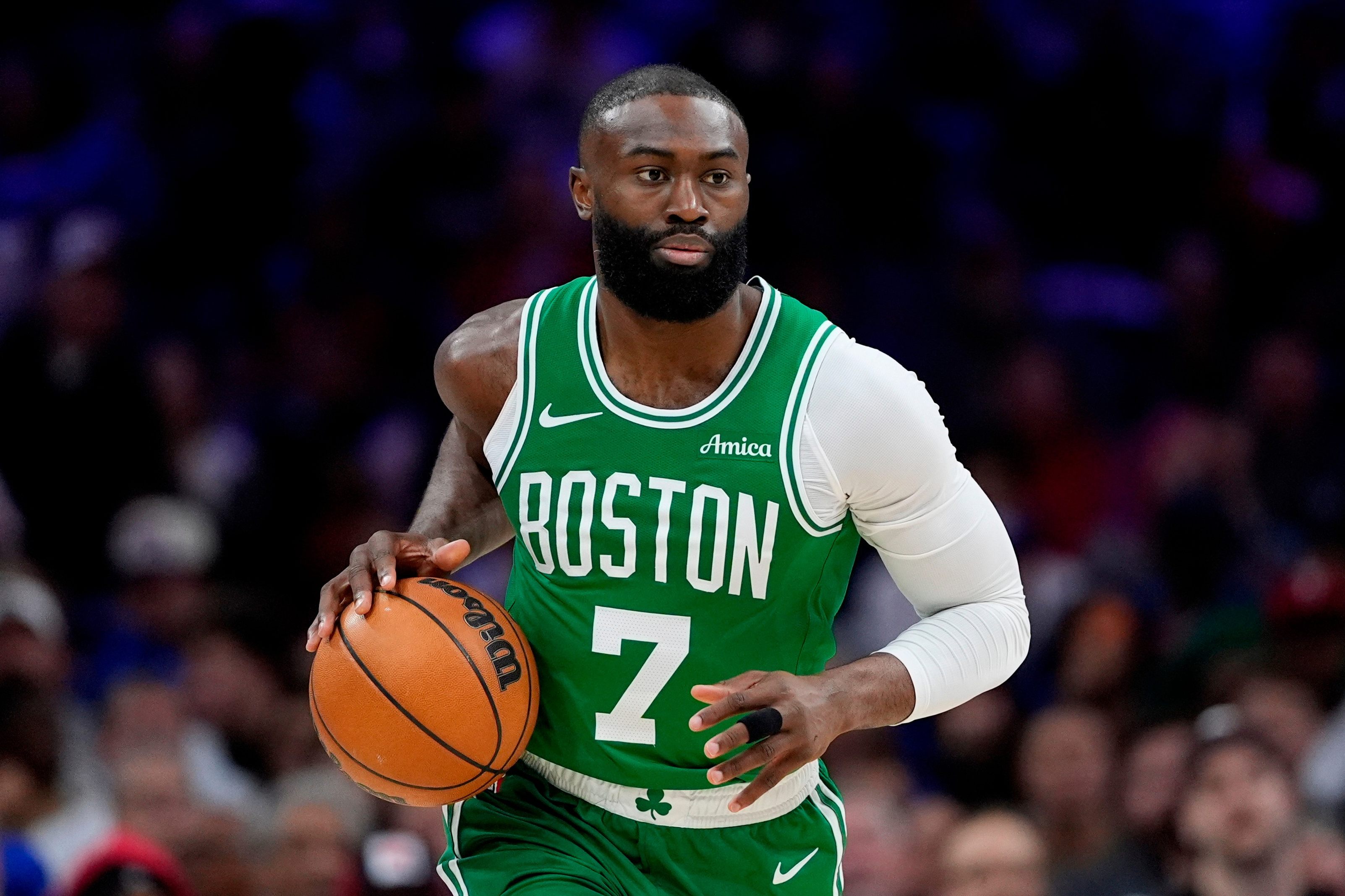 FILE - Boston Celtics' Jaylen Brown plays during Game 6 in a first-round NBA basketball playoff series, April 30, 2026, in Philadelphia. 