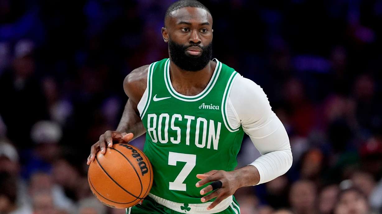 FILE - Boston Celtics' Jaylen Brown plays during Game 6 in a first-round NBA basketball playoff series, April 30, 2026, in Philadelphia.