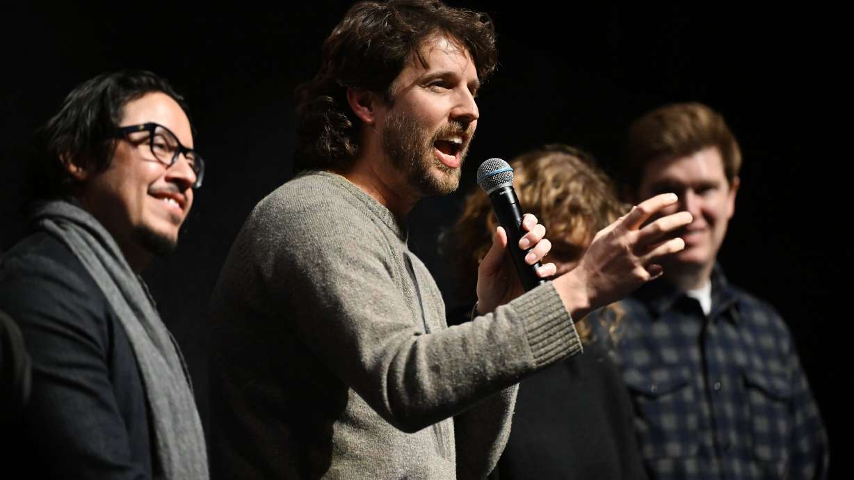 Jon Heder (Napoleon Dynamite) answers a question as he and Efren Ramirez (Pedro) and other cast and crew members take questions after the screening of "Napoleon Dynamite" at Sundance in Park City at the Ray Theatre on Jan. 24, 2024.