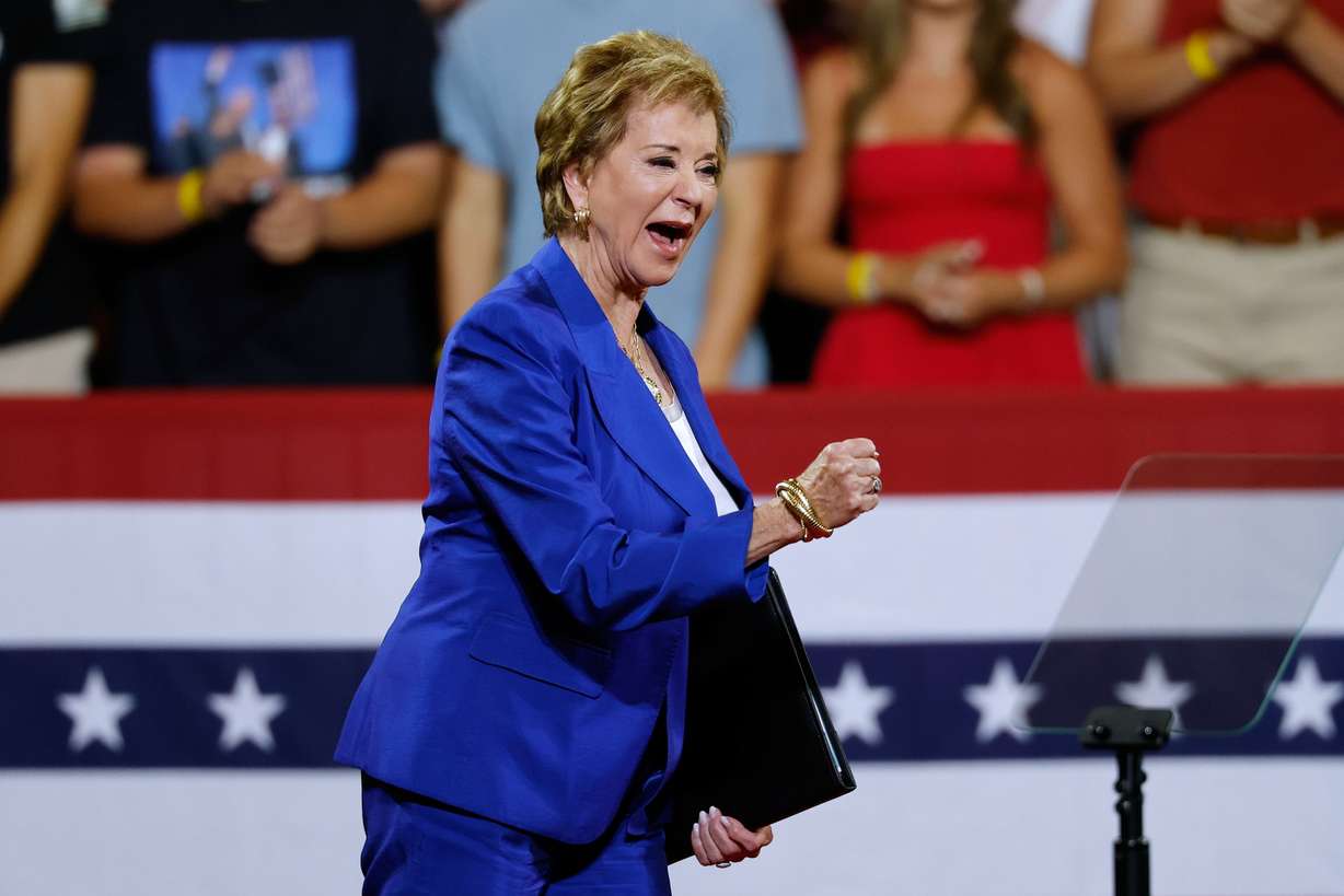 Secretary of Education Linda McMahon, steps on stage to speak before President Donald Trump arrives at Wheeler High School in Marietta, Ga. on July 22, 2026. Just days before the start of a new academic year at most U.S. colleges, she issued a "call to action" to university presidents and board members