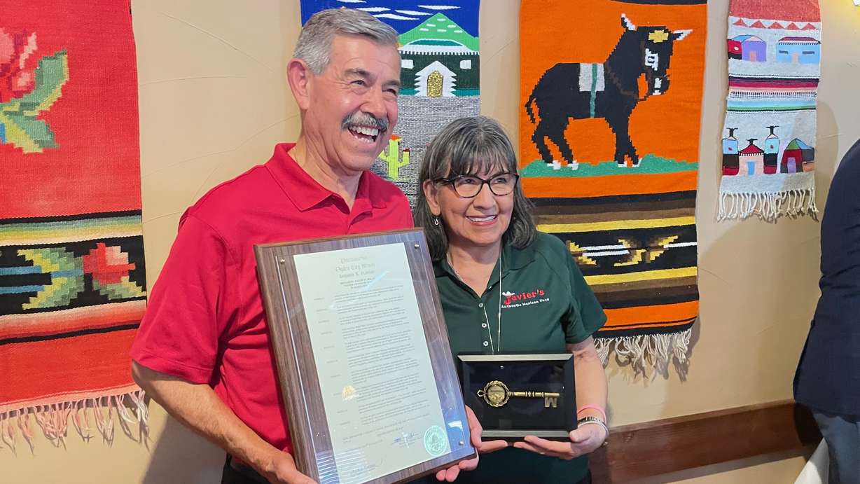 Javier Chavez Sr., operator of a small chain of Mexican restaurants, received a key to Ogden on Thursday for his business efforts and contributions to the city. He's pictured with wife Amada at one of his Ogden restaurants at a ceremony marking the moment.