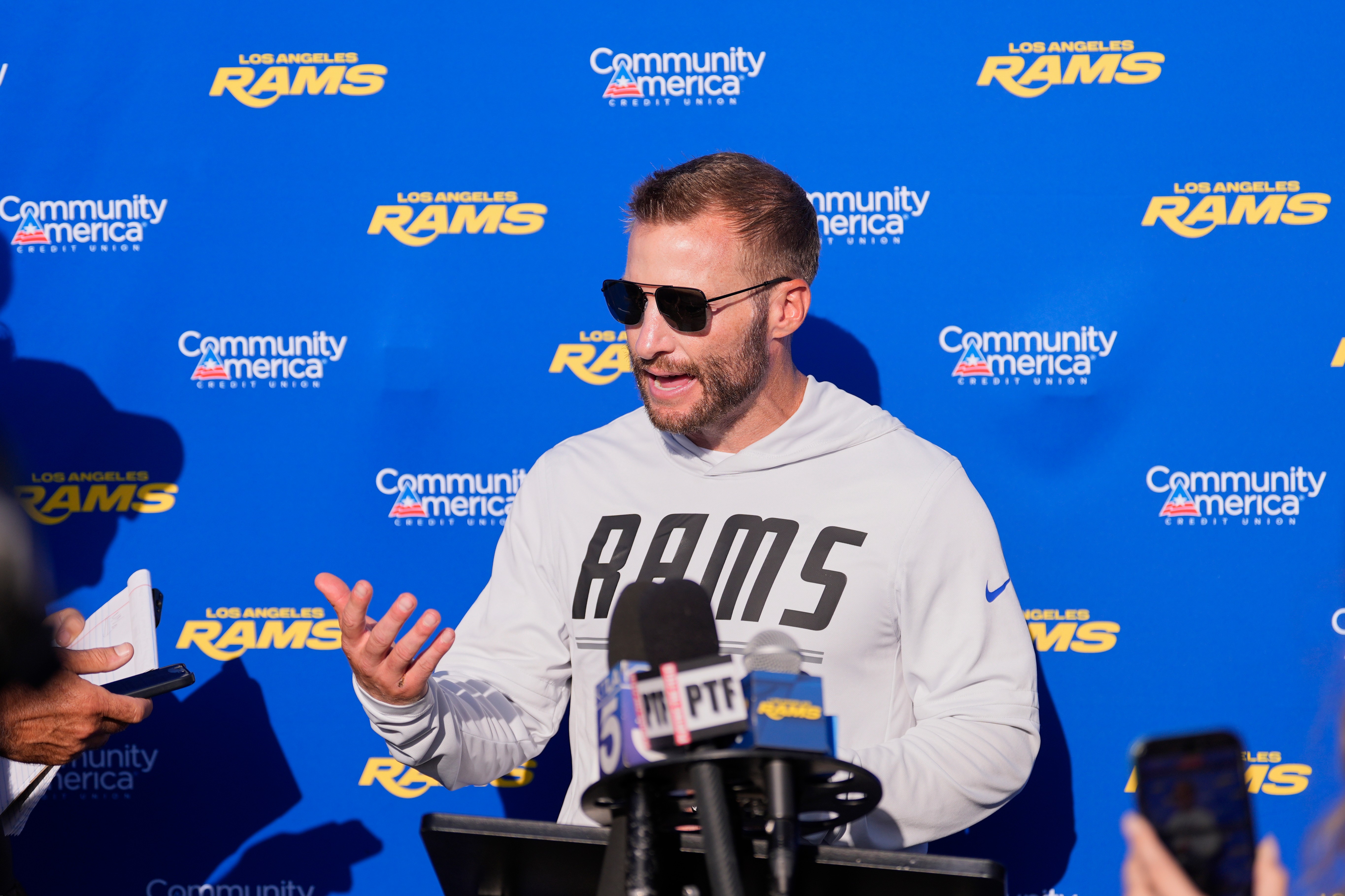 Los Angeles Rams head coach Sean McVay speaks to reporters during the NFL football team's training camp, Thursday, Aug. 6, 2026, in Los Angeles. 
