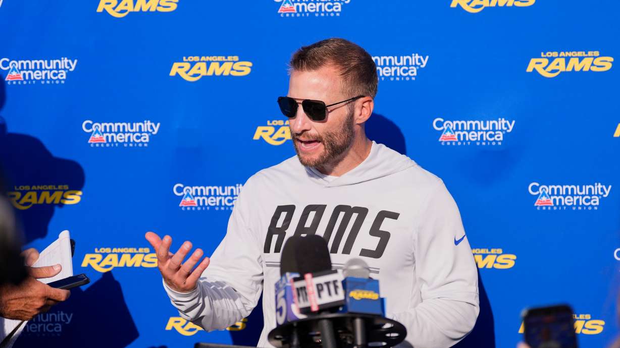 Los Angeles Rams head coach Sean McVay speaks to reporters during the NFL football team's training camp, Thursday, Aug. 6, 2026, in Los Angeles.