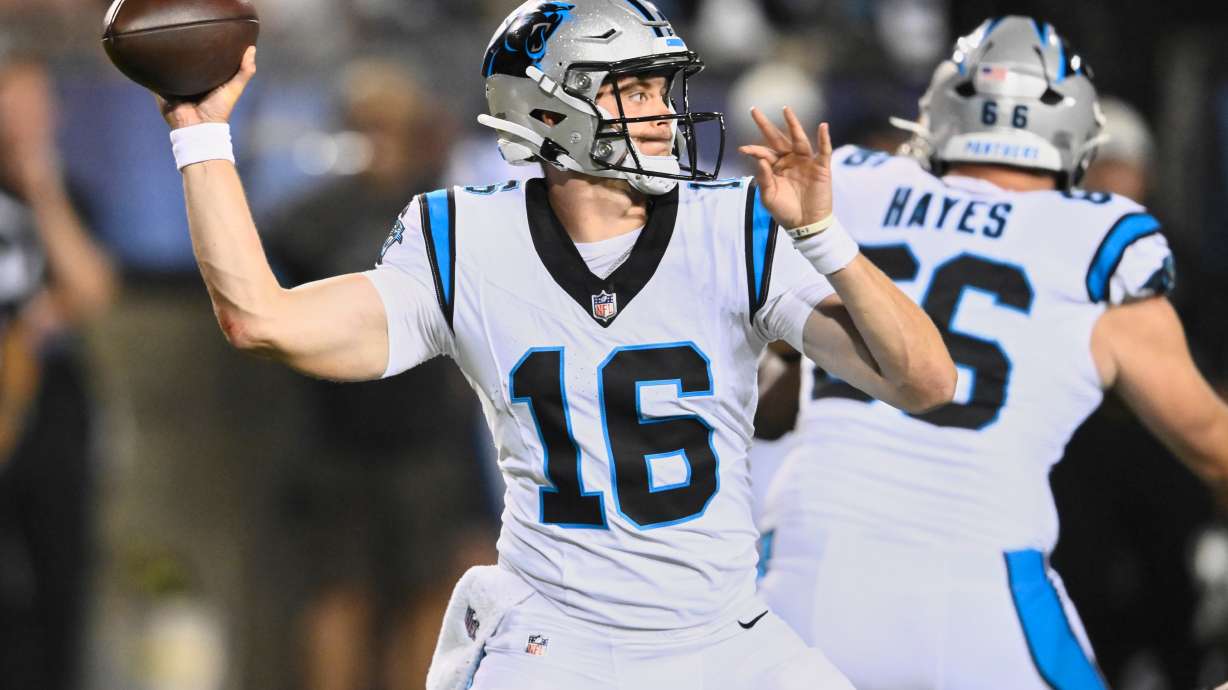 Carolina Panthers quarterback Haynes King (16) passes in the second half of the Pro Football Hall of Fame NFL preseason game against the Arizona Cardinals in Canton, Ohio, Thursday, Aug. 6, 2026.
