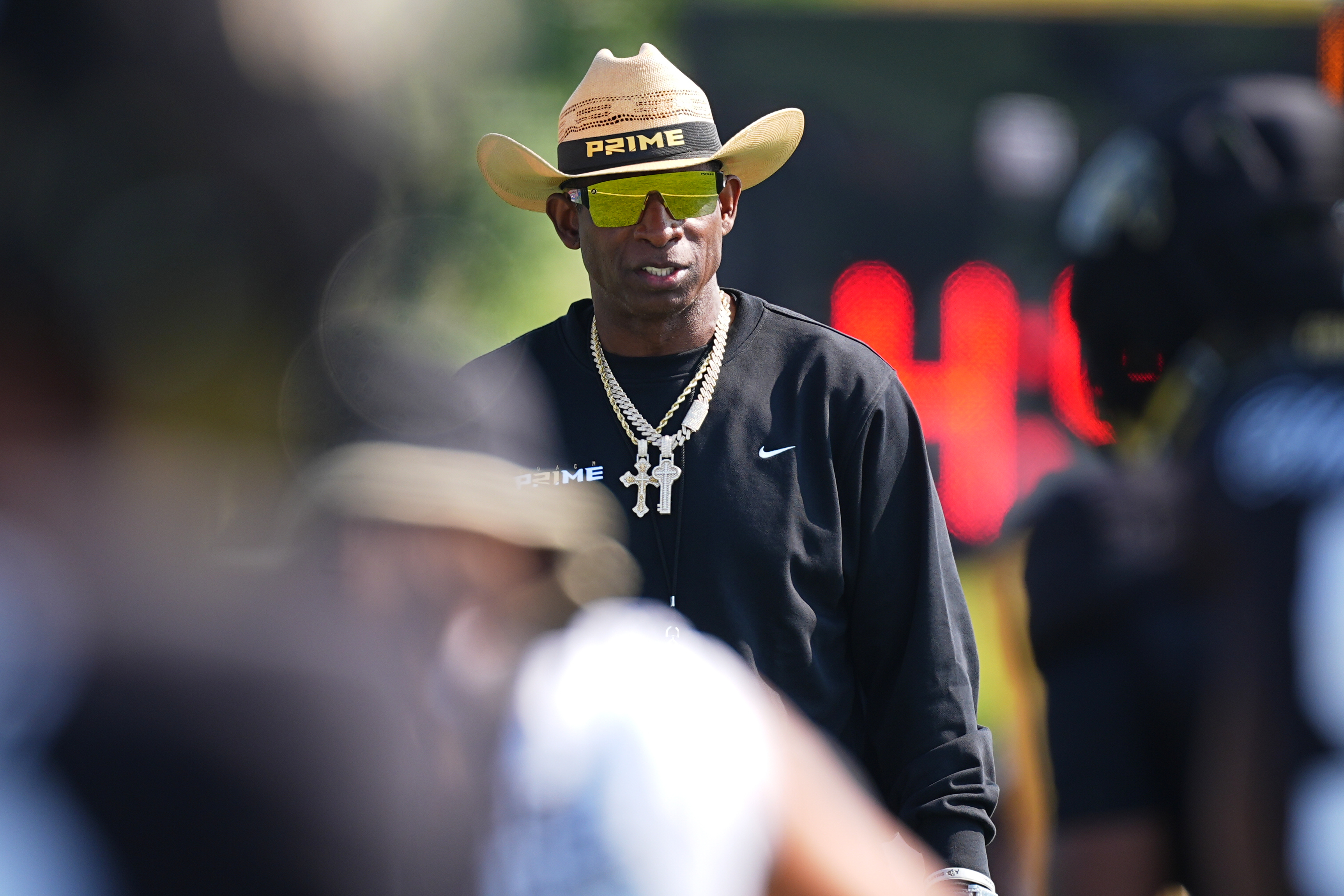 Colorado head coach Deion Sanders looks on during a practice at an NCAA college football training camp in Fountain, Colo., Thursday, Aug. 6, 2026. 