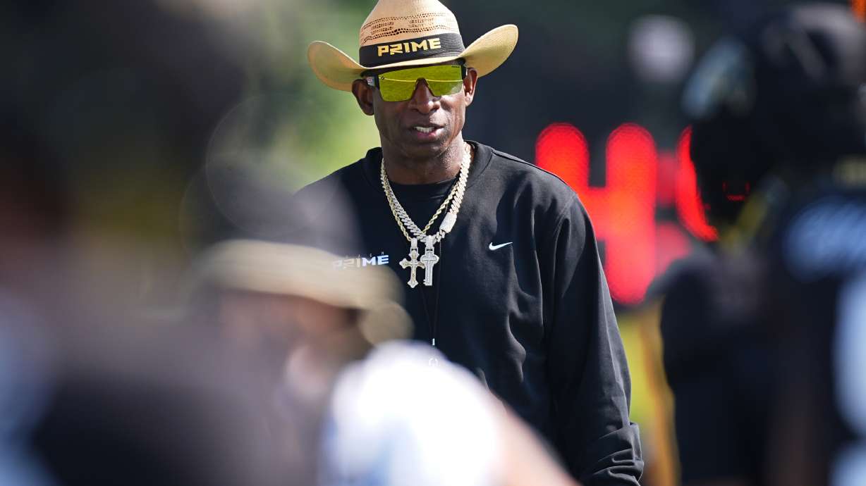 Colorado head coach Deion Sanders looks on during a practice at an NCAA college football training camp in Fountain, Colo., Thursday, Aug. 6, 2026.