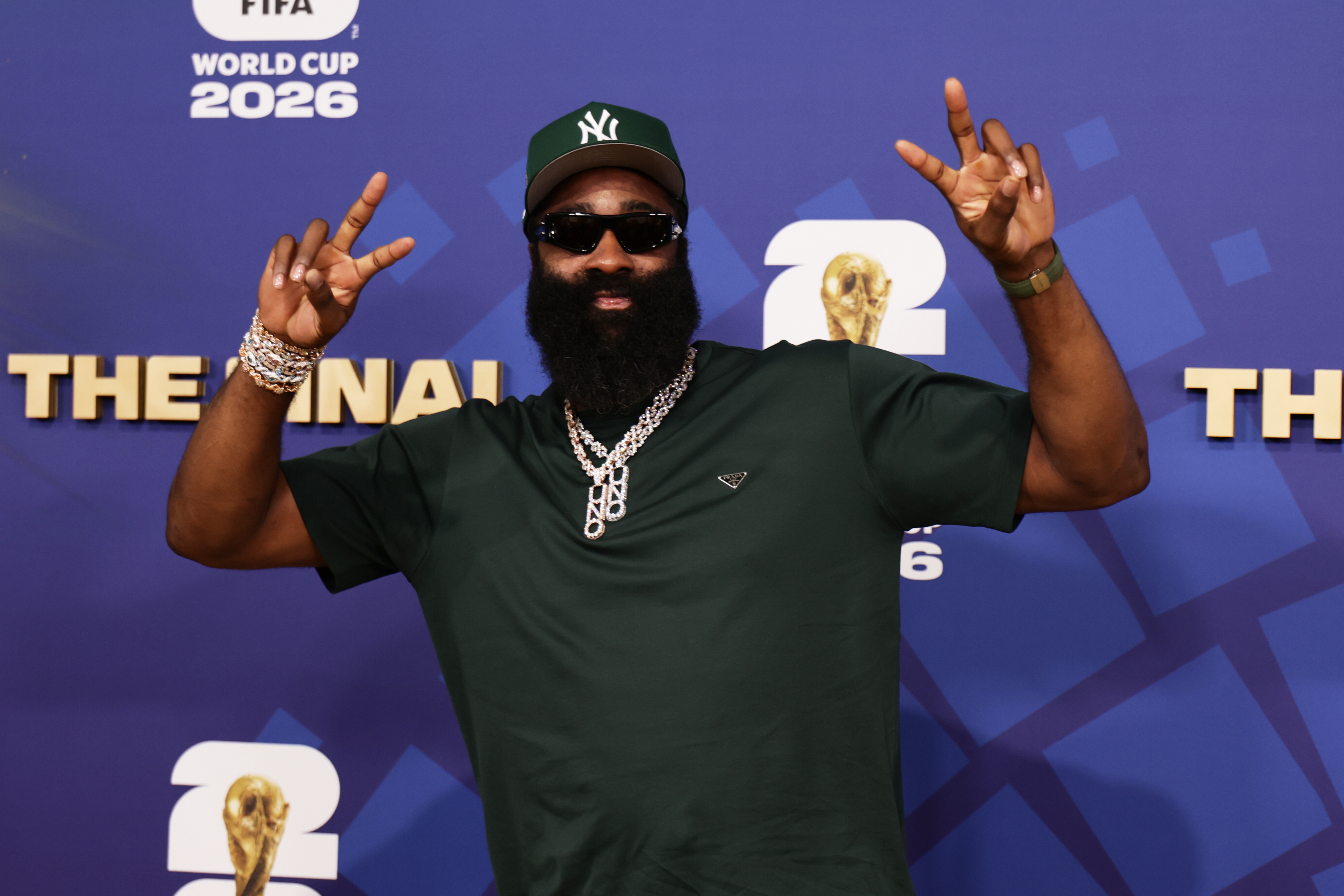 James Harden arrives before the World Cup final soccer match between Spain and Argentina in East Rutherford, N.J., near New York, Sunday, July 19, 2026. 