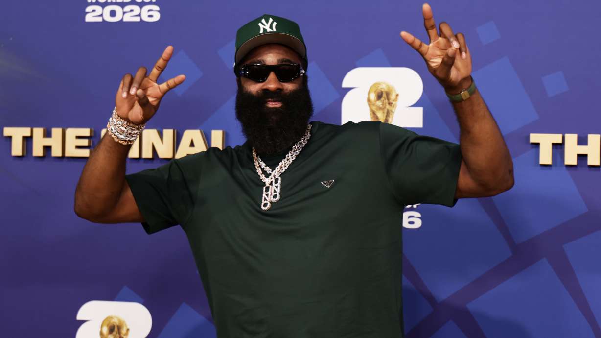 James Harden arrives before the World Cup final soccer match between Spain and Argentina in East Rutherford, N.J., near New York, Sunday, July 19, 2026.
