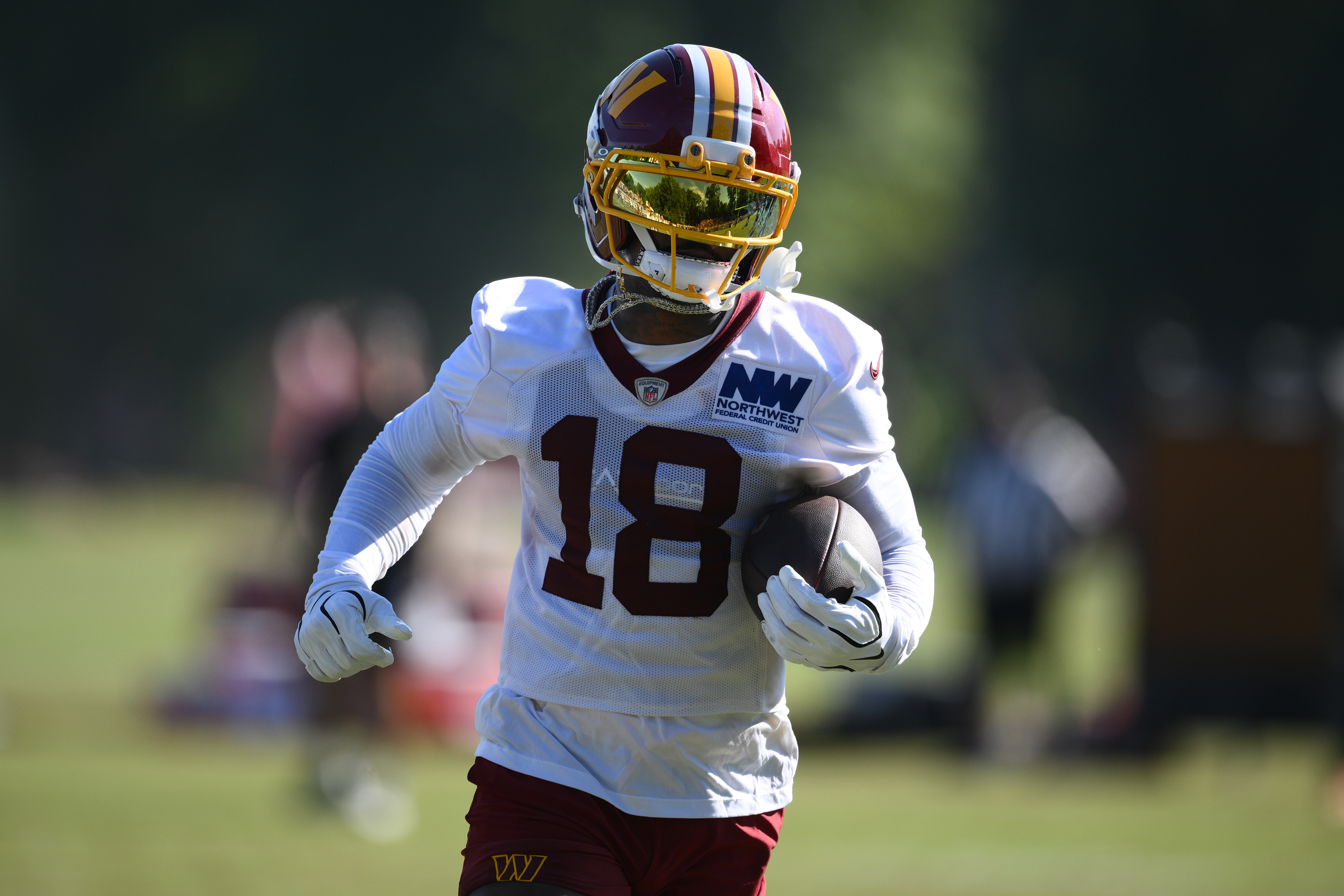 Washington Commanders wide receiver Stefon Diggs works out during practice at the team's NFL football training camp, Friday, Aug. 7, 2026 in Ashburn, Va. 