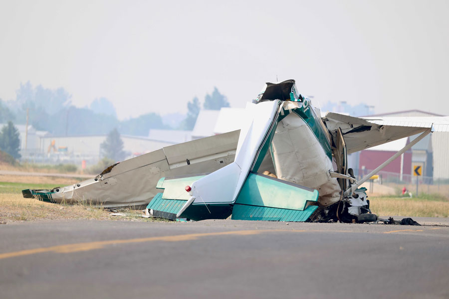 The remains of a plane that crashed on Saturday night in Blackfoot, Idaho. One person was killed and two others were seriously injured.