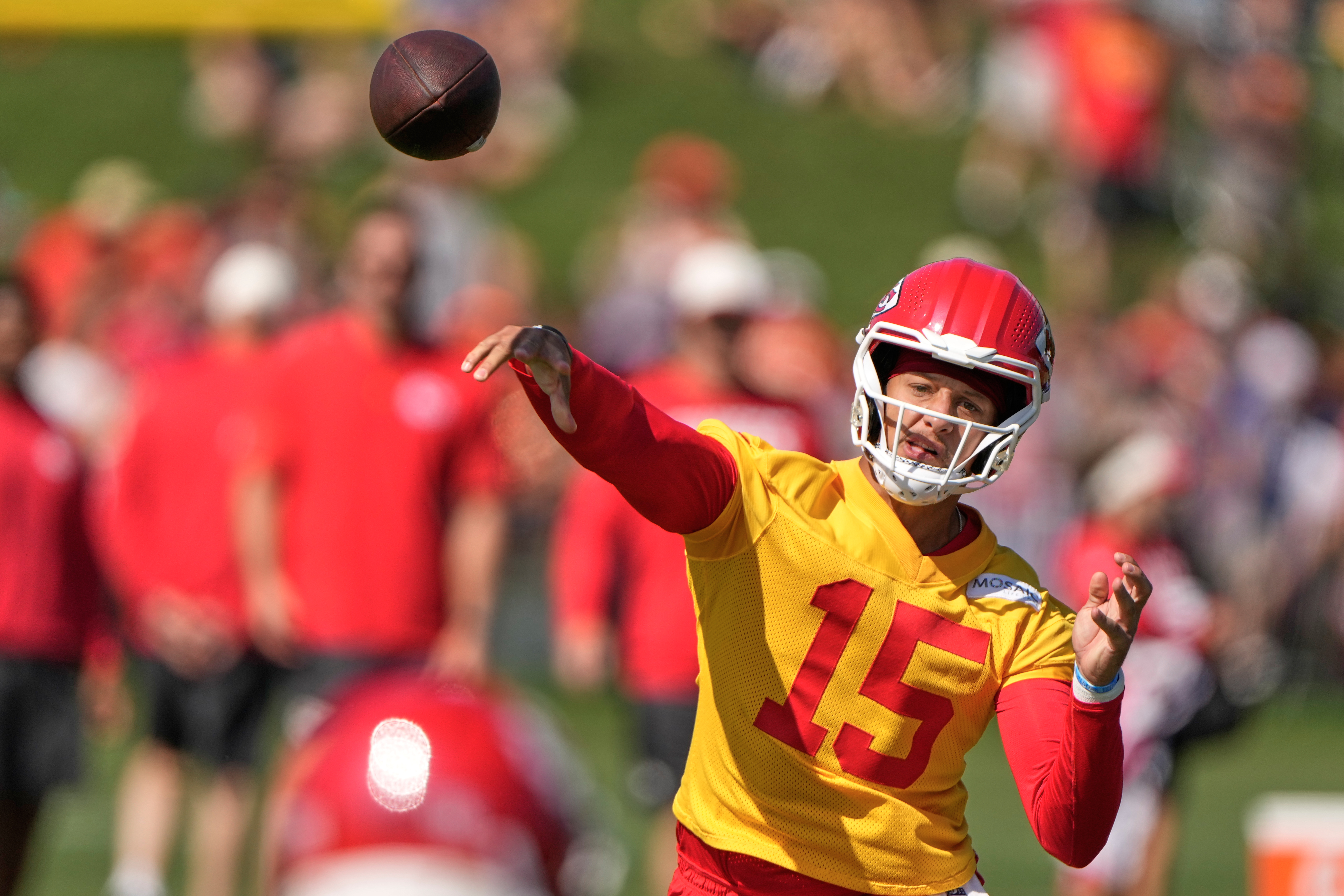 Kansas City Chiefs quarterback Patrick Mahomes throws during NFL football training camp Saturday, Aug. 1, 2026, in St. Joseph, Mo. 