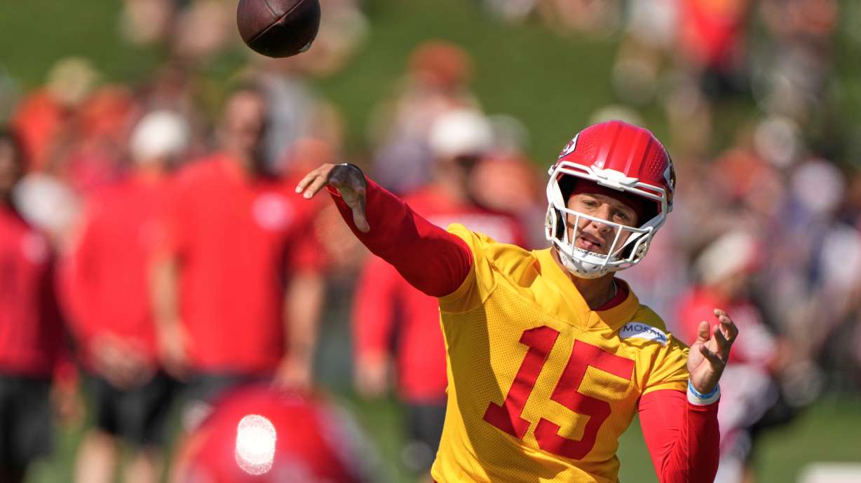 Kansas City Chiefs quarterback Patrick Mahomes throws during NFL football training camp Saturday, Aug. 1, 2026, in St. Joseph, Mo.