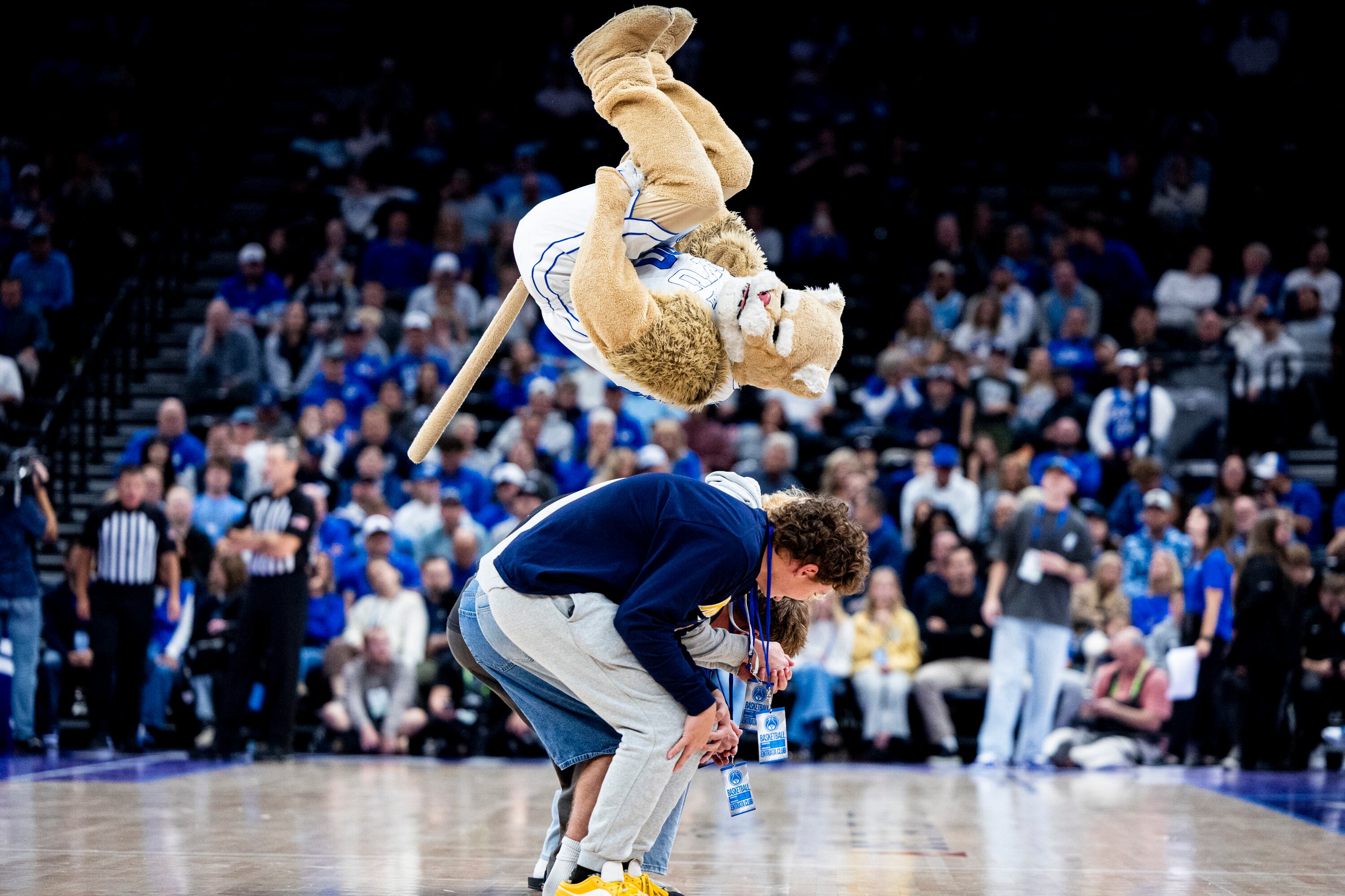 Cosmo the Cougar flips over fans during a men’s basketball exhibition game between BYU and North Carolina held at the Delta Center in Salt Lake City on Oct. 24. The beloved mascot will be inducted into the Mascot Hall of Fame.