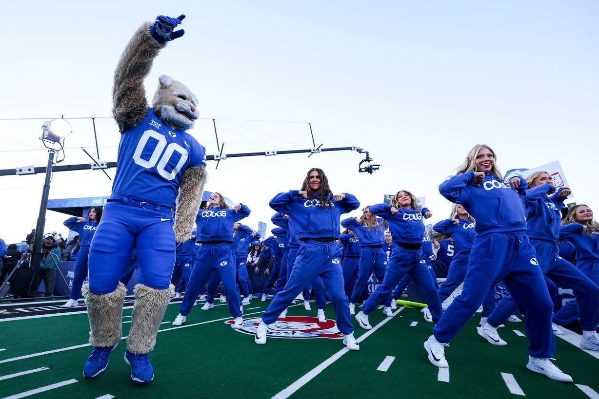 Cosmo the Cougar hypes up the crowd during Fox’s “Big Noon Kickoff” at Brigham Young University in Provo on Oct. 18. The beloved mascot will be inducted into the Mascot Hall of Fame.