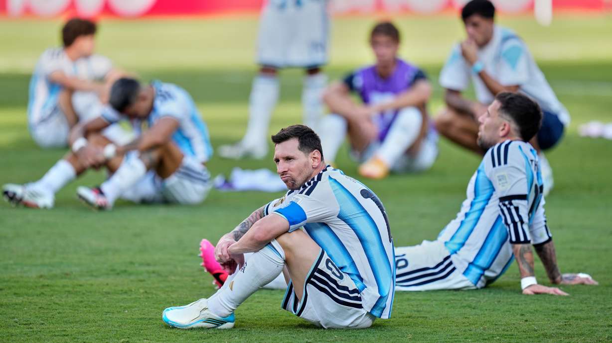 Argentina's Lionel Messi (10) reacts after the World Cup final soccer match between Spain and Argentina in East Rutherford, N.J., near New York, Sunday, July 19, 2026.