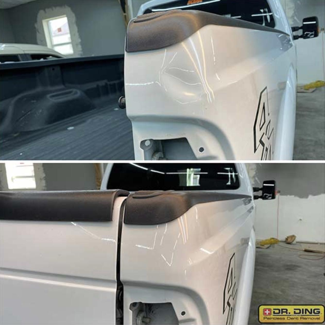 These photos show the dent repair before and after.