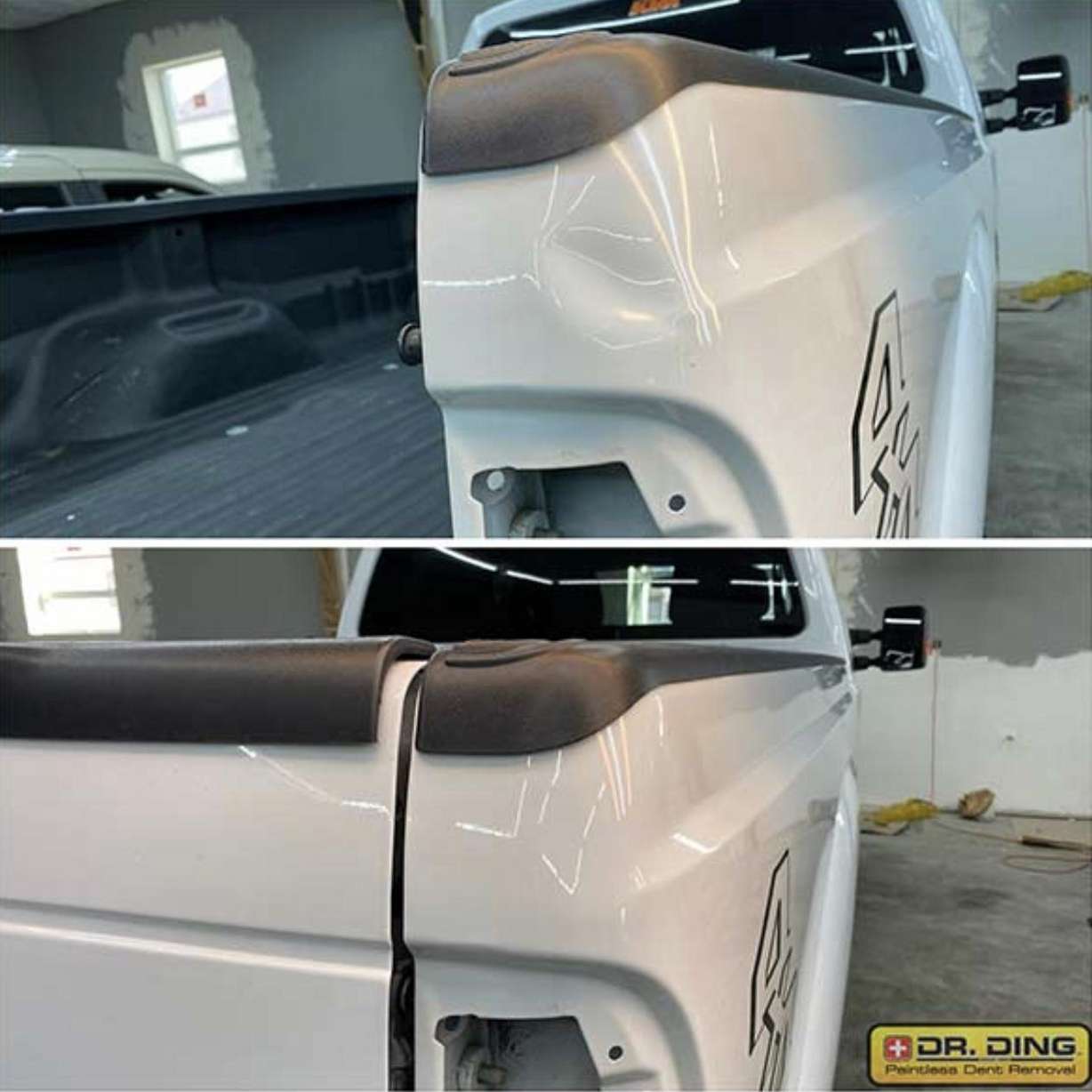 These photos show the dent repair before and after.