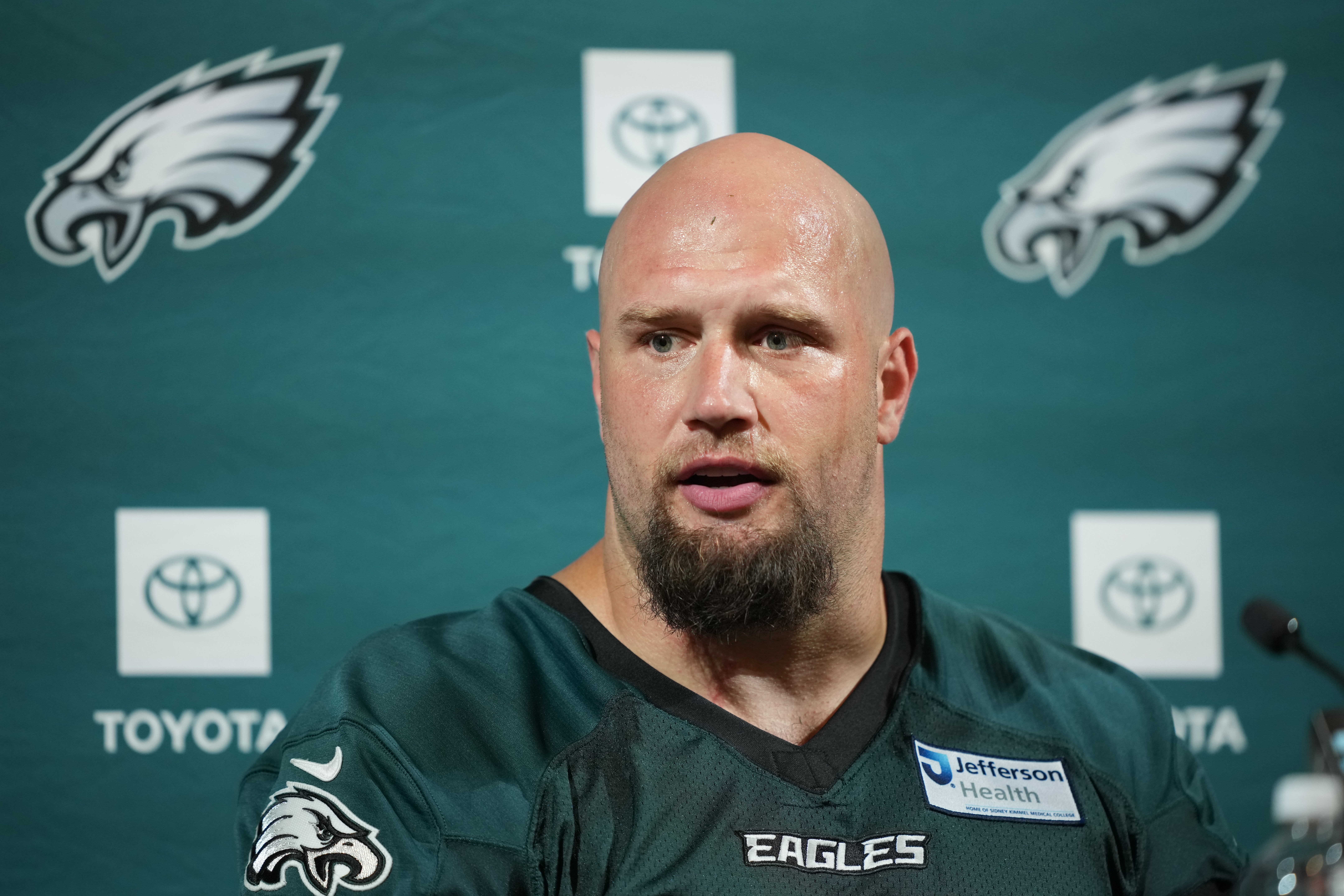 FILE - Philadelphia Eagles' Lane Johnson speaks during a news conference at the NFL football team's training facility, Tuesday, June 9, 2026, in Philadelphia. 