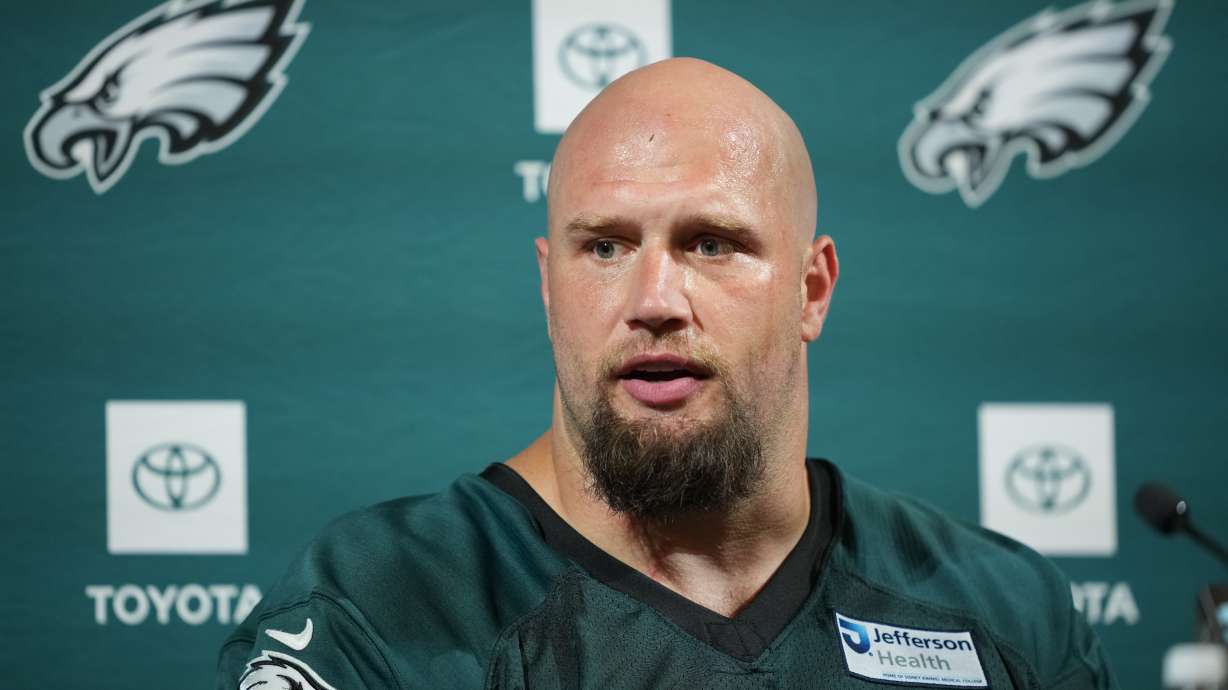 FILE - Philadelphia Eagles' Lane Johnson speaks during a news conference at the NFL football team's training facility, Tuesday, June 9, 2026, in Philadelphia.