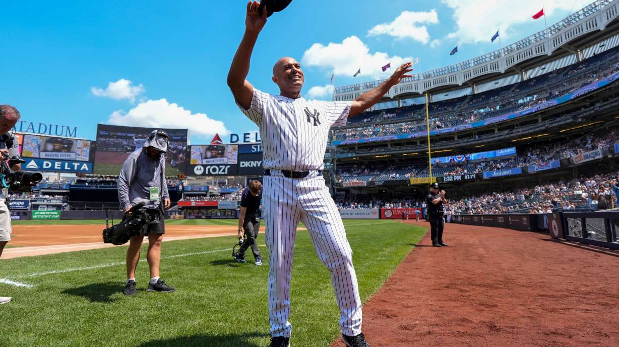 Former New York Yankees Mariano Rivera is introduced during the Yankees Old-Timers' Day ceremony before a baseball game between the New York Yankees and the Atlanta Braves, Saturday, Aug. 8, 2026, in New York.