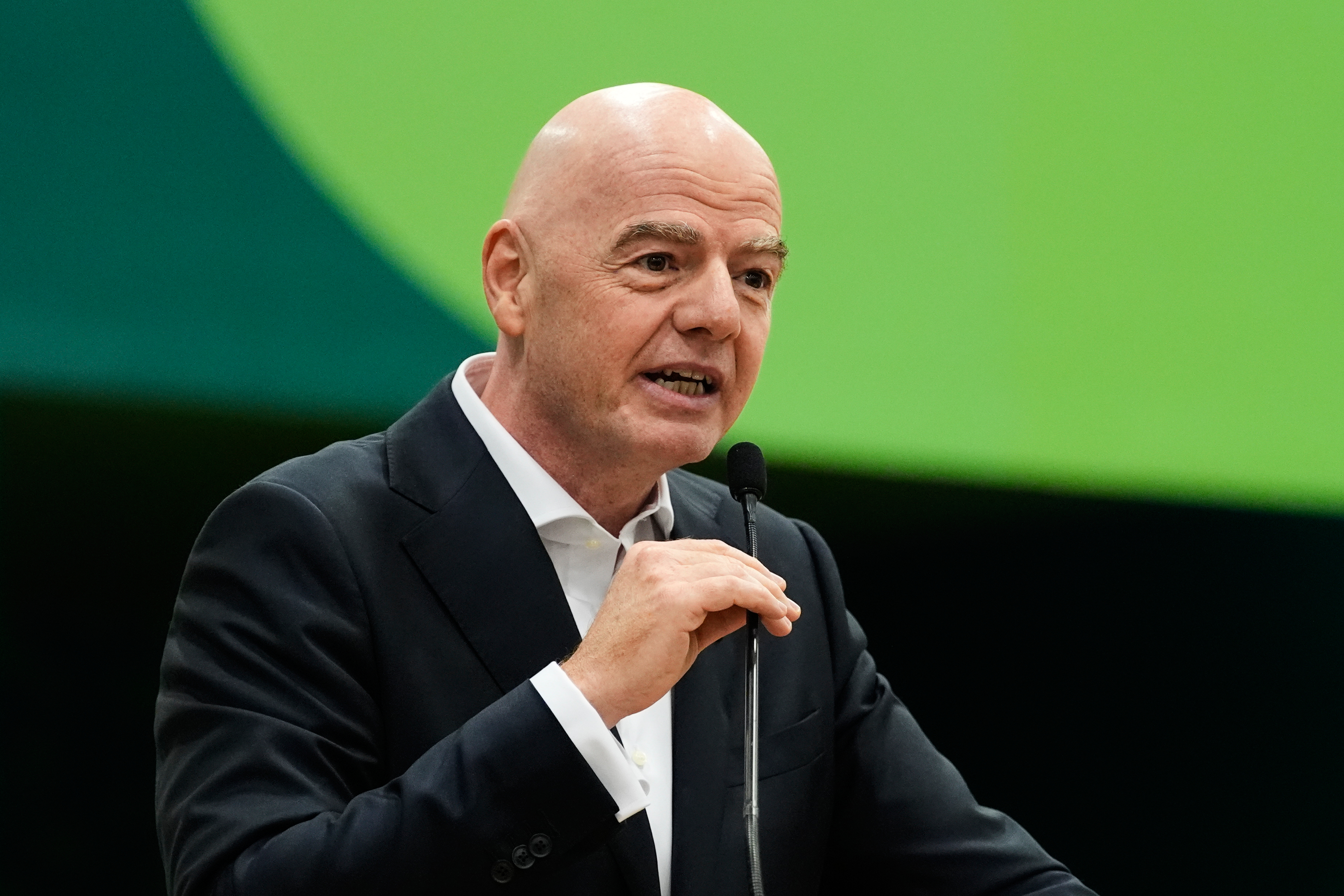 FILE - FIFA President Gianni Infantino makes comments during the opening ceremony of the International Broadcast Center, June 1, 2026, in Dallas. 
