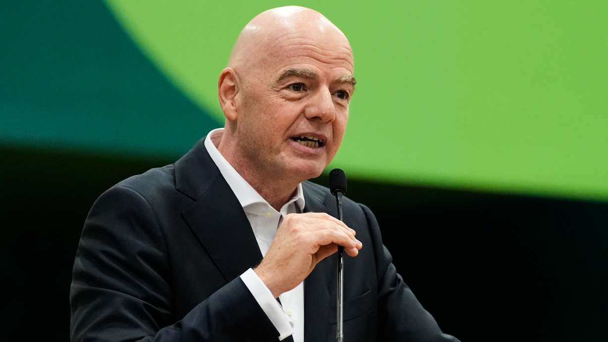 FILE - FIFA President Gianni Infantino makes comments during the opening ceremony of the International Broadcast Center, June 1, 2026, in Dallas.