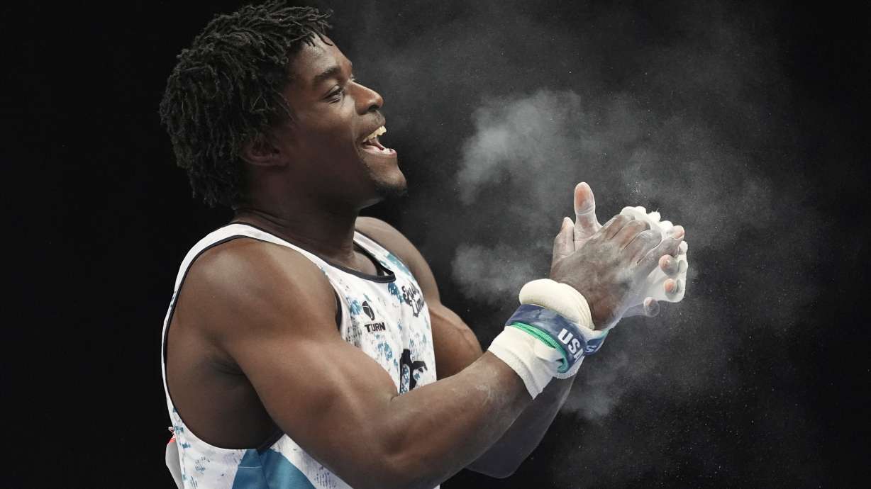 Fred Richard smiles after competing in the men's rings during the U.S. Gymnastics Championships, Thursday, Aug. 6, 2026, in Phoenix.