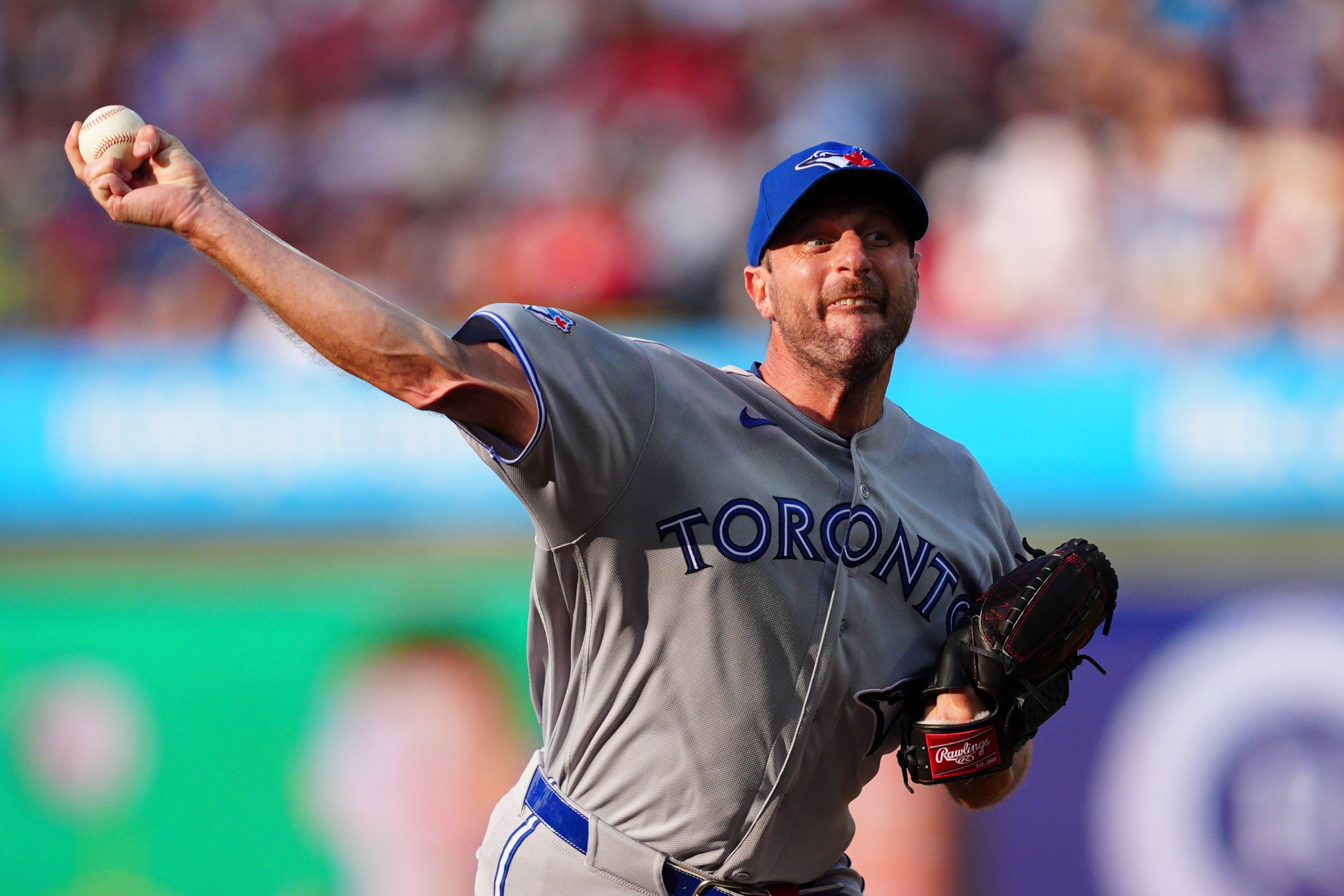 Toronto Blue Jays pitcher Max Scherzer throws during the first inning of a baseball game against the Philadelphia Phillies, Saturday, Aug. 8, 2026, in Philadelphia. 