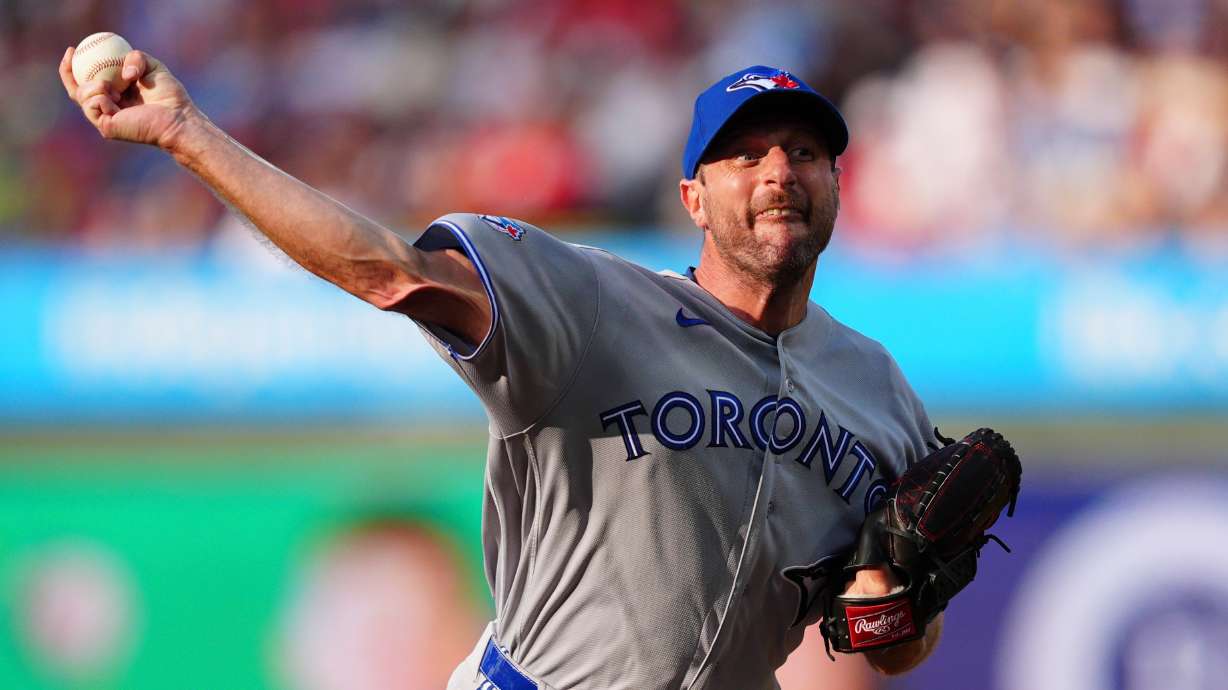 Toronto Blue Jays pitcher Max Scherzer throws during the first inning of a baseball game against the Philadelphia Phillies, Saturday, Aug. 8, 2026, in Philadelphia.