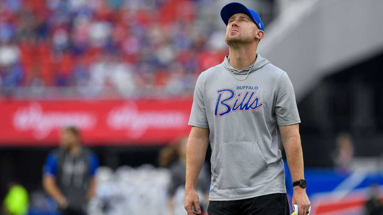 Buffalo Bills head coach Joe Brady looks around the stadium during practice at the team's NFL football training camp Saturday, Aug. 8, 2026, in Orchard Park, N.Y.