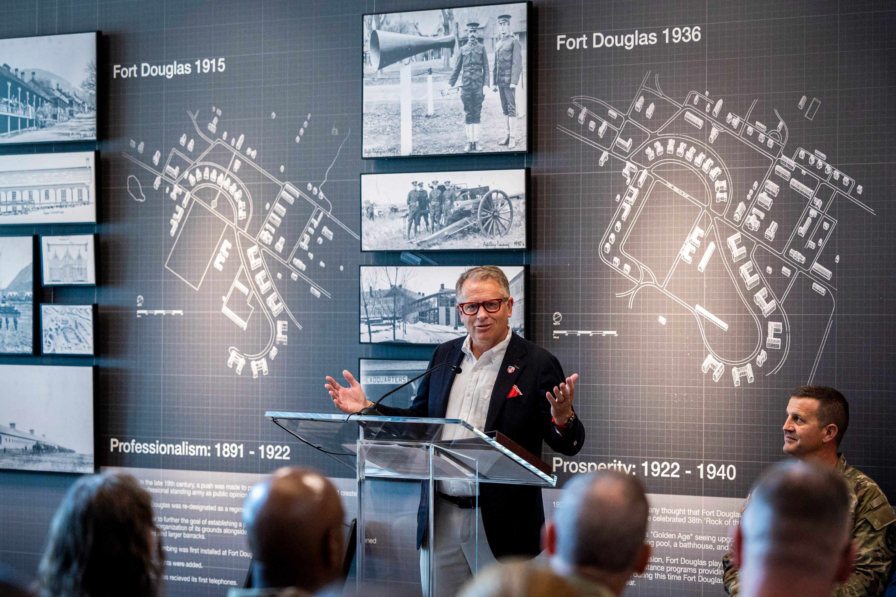 University of Utah President Taylor Randall speaks during a ribbon-cutting ceremony for the Camp Williams "Deadeye" Army Reserve Center in Bluffdale on Saturday.