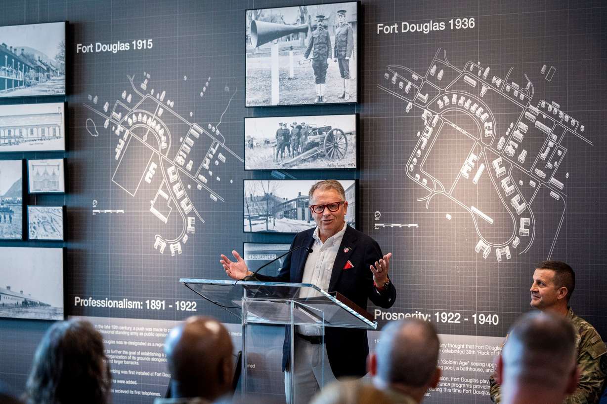 University of Utah President Taylor Randall speaks during a ribbon-cutting ceremony for the Camp Williams "Deadeye" Army Reserve Center in Bluffdale on Saturday.