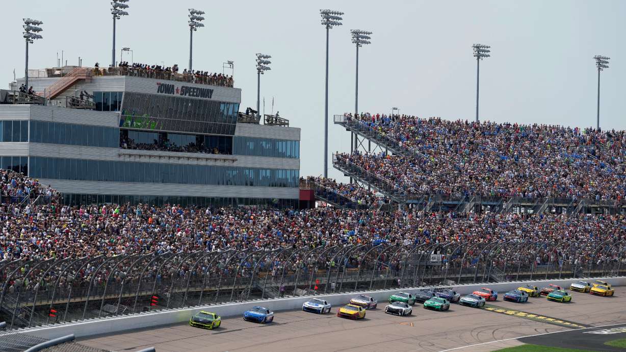 Ryan Blaney leads the field at the start of a NASCAR Cup Series auto race, Sunday, Aug. 9, 2026, at Iowa Speedway in Newton, Iowa.