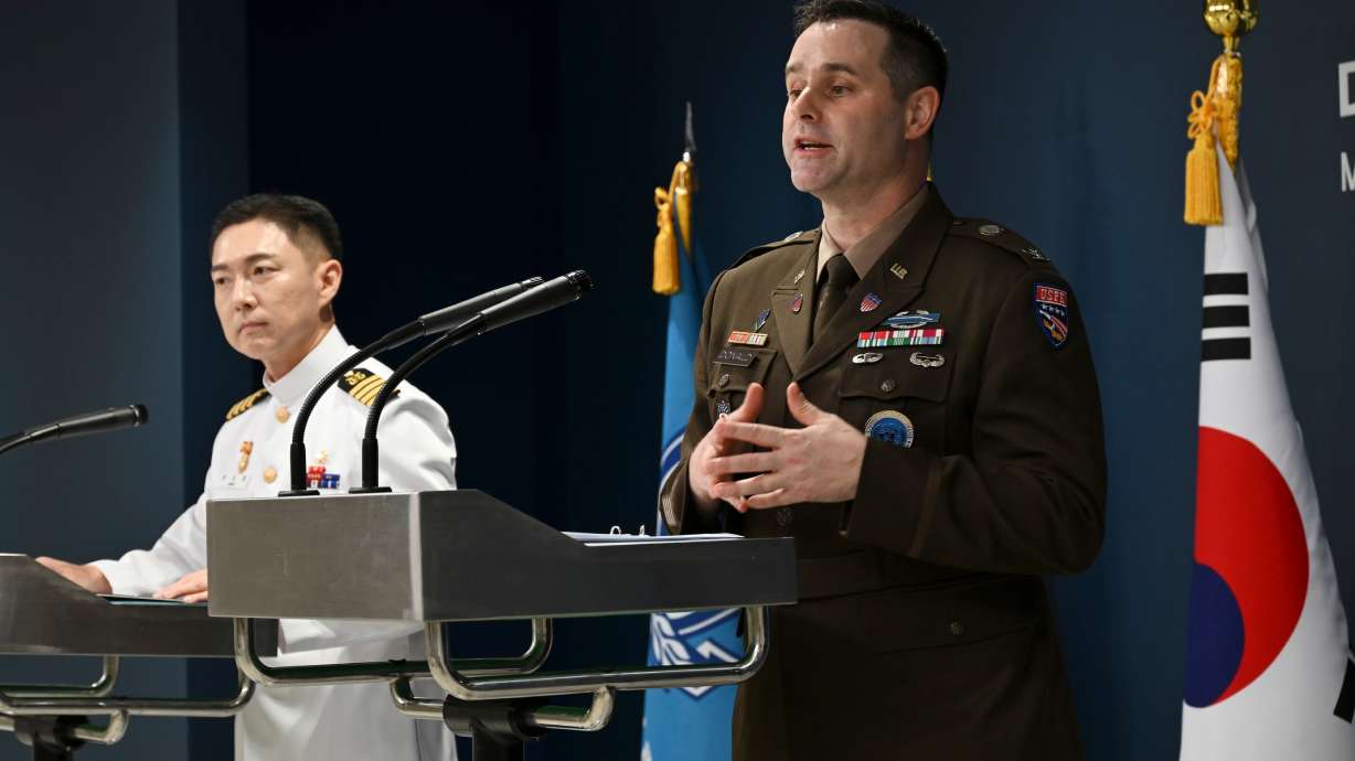 Col. Jang Do-young, left, public affairs director of South Korea's Joint Chiefs of Staff and Col. Ryan Donaldn, public affairs director of the United Nations Command, Combined Forces Command and United States Forces Korea attend a press briefing for the Ulchi Freedom Shield 2026 exercise at the Defense Ministry in Seoul, South Korea Monday.