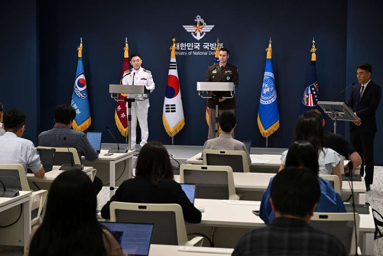 Col. Jang Do-young, center left, public affairs director of South Korea's Joint Chiefs of Staff, and Col. Ryan Donaldn, center right, public affairs director of the United Nations Command, Combined Forces Command and United States Forces Korea a press briefing for the Ulchi Freedom Shield 2026 exercise at the Defense Ministry in Seoul, South Korea Monday.
