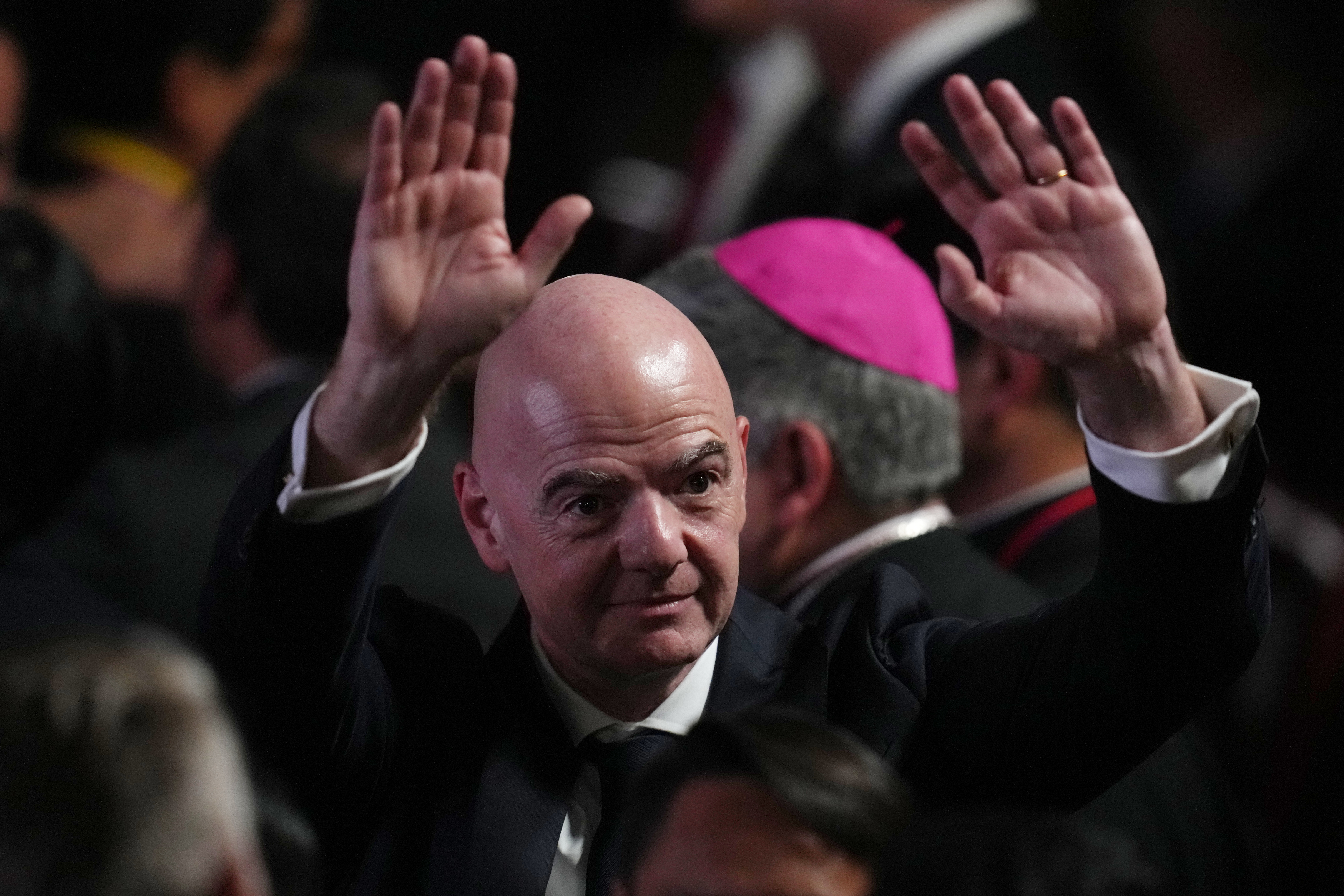 FIFA President Gianni Infantino arrives for the inauguration of President Abelardo de la Espriella in Cali, Colombia, Friday, Aug. 7, 2026. 