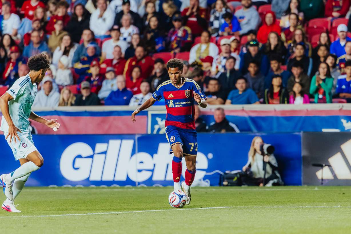 Real Salt Lake winger Zavier Gozo dribbles the ball during a 2-1 win over the Colorado Rapids, Saturday, May 16, 2026 at America First Field in Sandy, Utah.