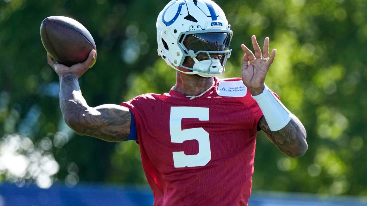 Indianapolis Colts quarterback Anthony Richardson Sr. (5) throws during practice at the NFL football team's training camp in Westfield, Ind., Thursday, July 30, 2026.