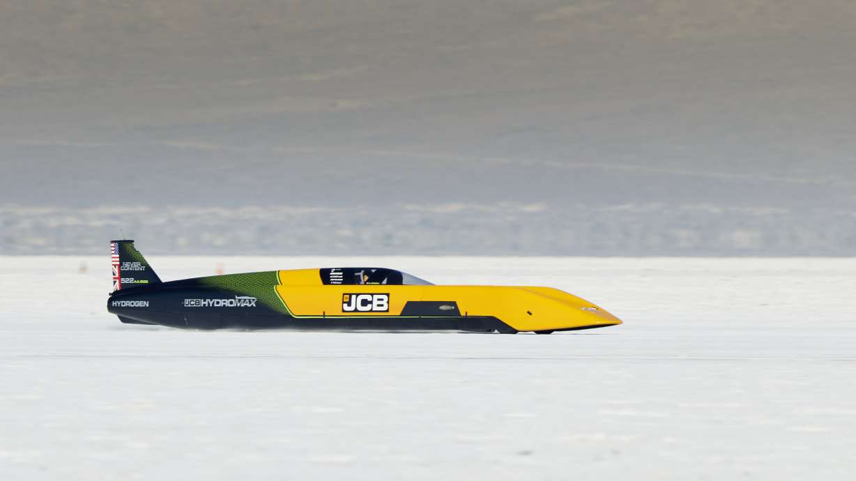 Andy Green drives the 32-foot, pencil-shaped JCB Hydromax at the Bonneville Salt Flats during Bonneville Speed Week.