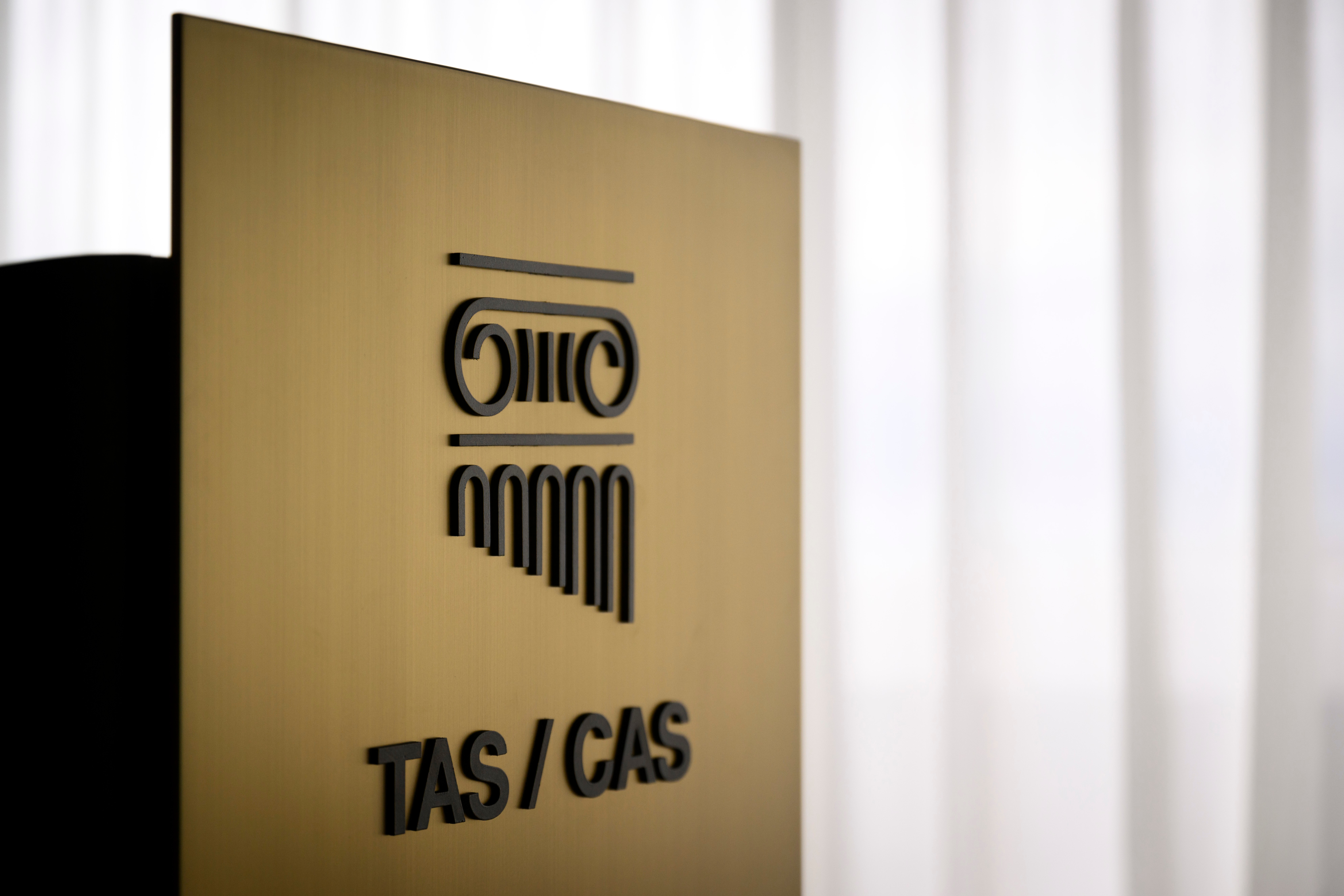 FILE - A TAS/CAS logo is pictured during the inauguration of the new headquarters of the international Court of Arbitration for Sport, CAS, at the Palais de Beaulieu in Lausanne, Switzerland, Monday, June 27, 2022. 